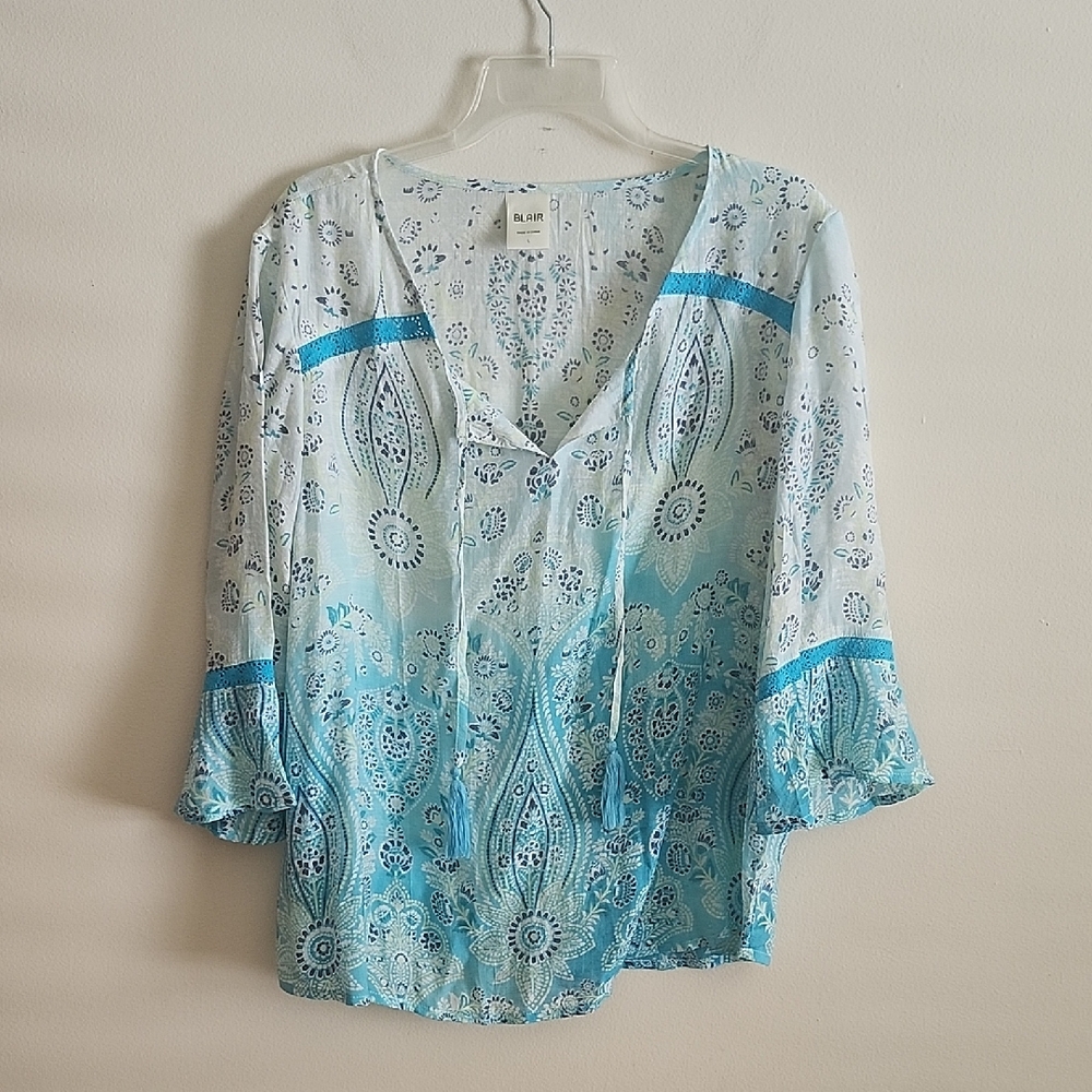 Blair Blue White Boho Peasent Top Patterned Women's Large